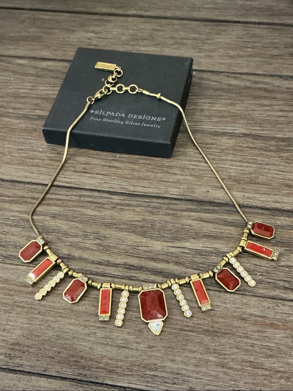 Silpada Brass, Swarovski Crystal and Red Resin Statement Necklace